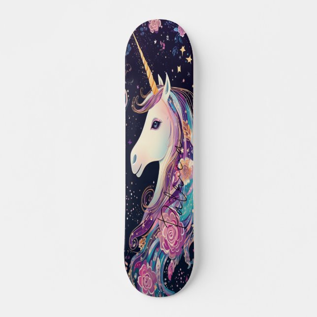 Girly Unicorn Rainbow Colours Floral Skateboard (Front)