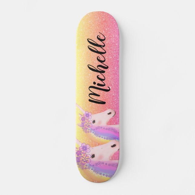 Girly Unicorn Rainbow Glitter Personalised Kids Skateboard (Front)