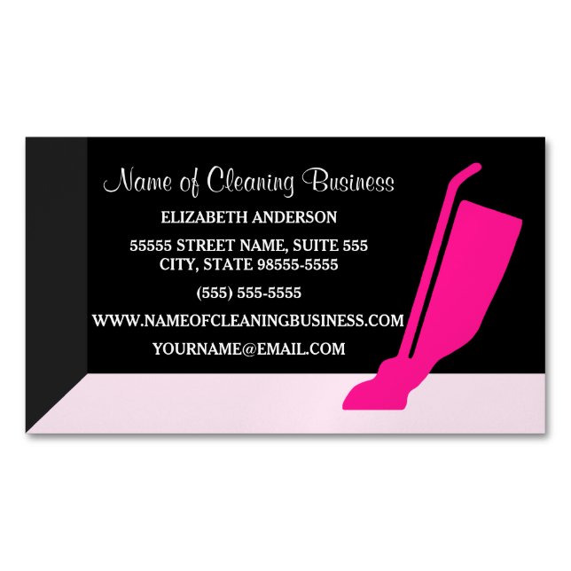 Girly Vacuum Pink and Black Housekeeping Service Magnetic Business Card (Front)