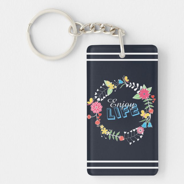 girly vibrant floral circle “Enjoy Life” words Key Ring (Front)