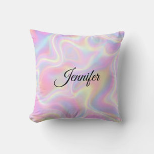 Girly Vibrant Pastel Holographic Swirl Design Cushion