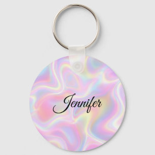 Girly Vibrant Pastel Holographic Swirl Design Key Ring