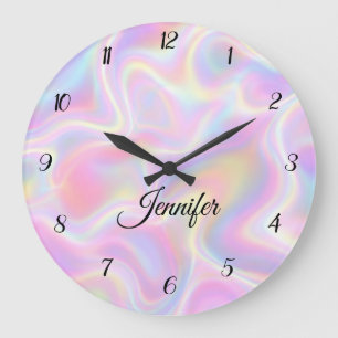 Girly Vibrant Pastel Holographic Swirl Design Large Clock