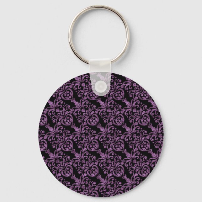 Girly Victorian Purple Glittery Damask Pattern Key Ring (Front)