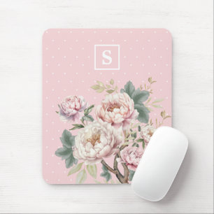 Girly Vintage Blush Cream Peony Floral Monogram Mouse Mat