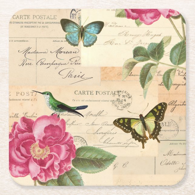 Girly vintage coaster w/ bird, butterflies & rose (Front)