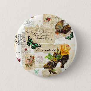 Girly Vintage Ephemera Fashion Collage With Name 6 Cm Round Badge