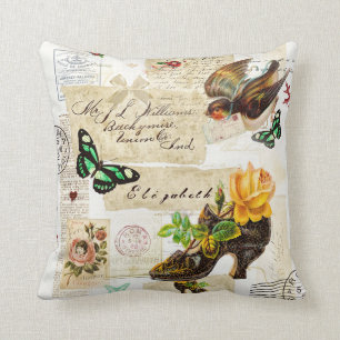 Girly Vintage Ephemera Fashion Collage With Name Cushion