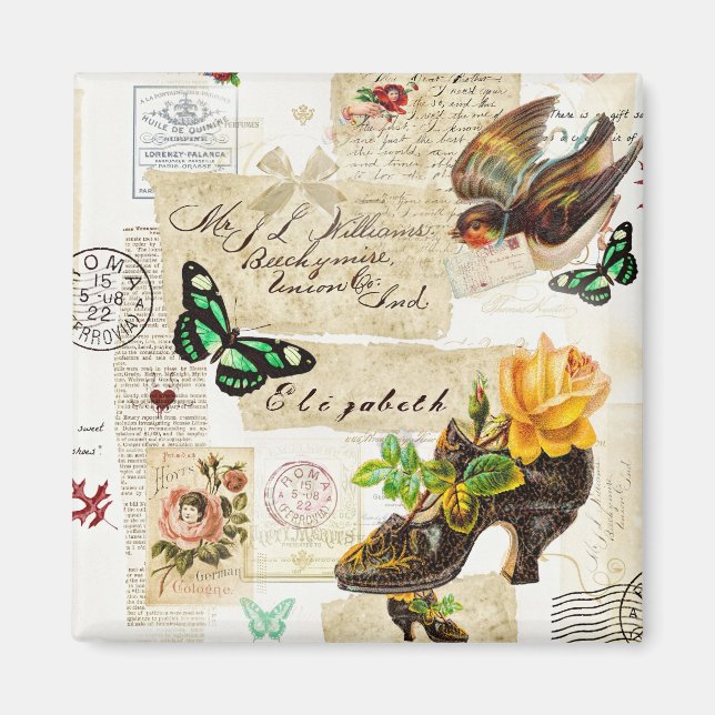 Girly Vintage Ephemera Fashion Collage With Name Magnet (Front)