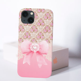 Girly Vintage Pink Floral  Roses Ribbon And Lace Case-Mate iPhone 14 Plus Case