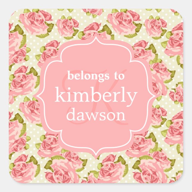 Girly Vintage Pink Roses Monogrammed Square Sticker (Front)