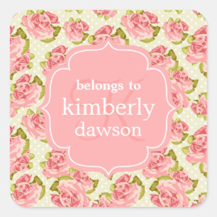 Girly Vintage Pink Roses Monogrammed Square Sticker
