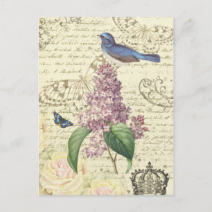 Girly vintage postcard with bird and lilac
