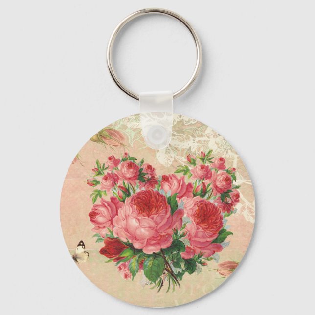 Girly Vintage Rose Heart Collage Key Ring (Front)