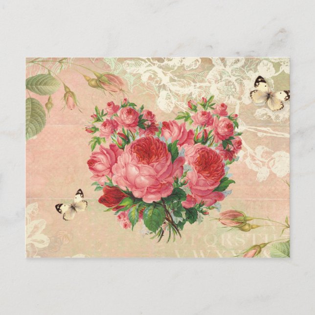 Girly Vintage Rose Heart Collage Postcard (Front)