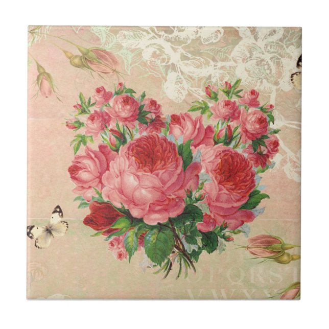 Girly Vintage Rose Heart Collage Tile (Front)