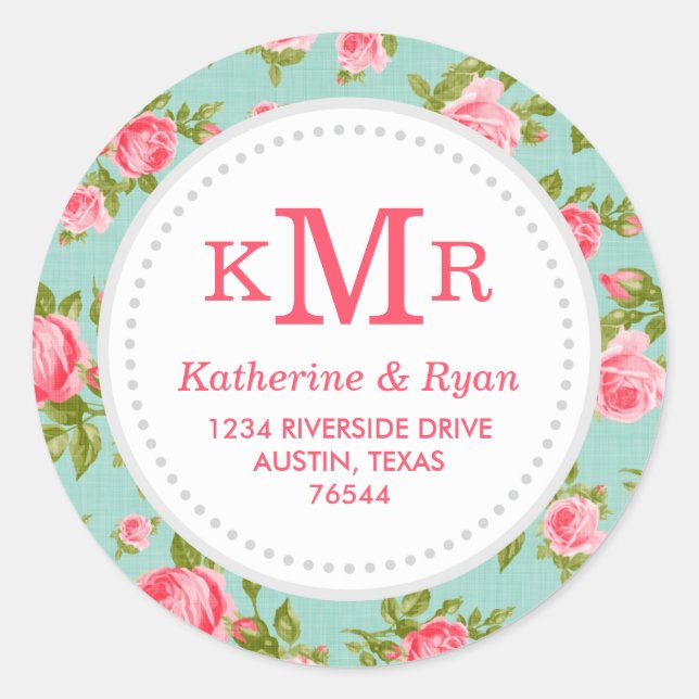 Girly Vintage Roses Floral Monogram Address Labels (Front)