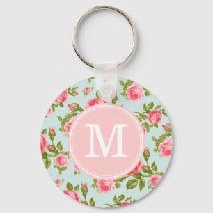 Girly Vintage Roses Floral Monogram Key Ring