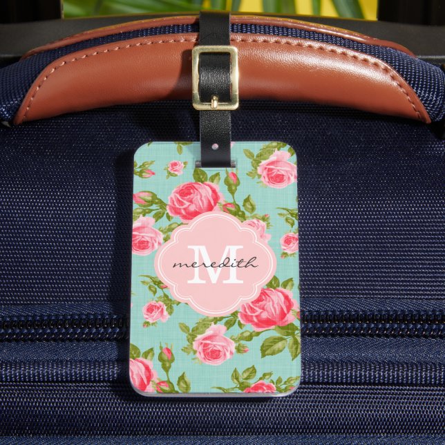 Girly Vintage Roses Floral Monogram Luggage Tag (Front Insitu 2)