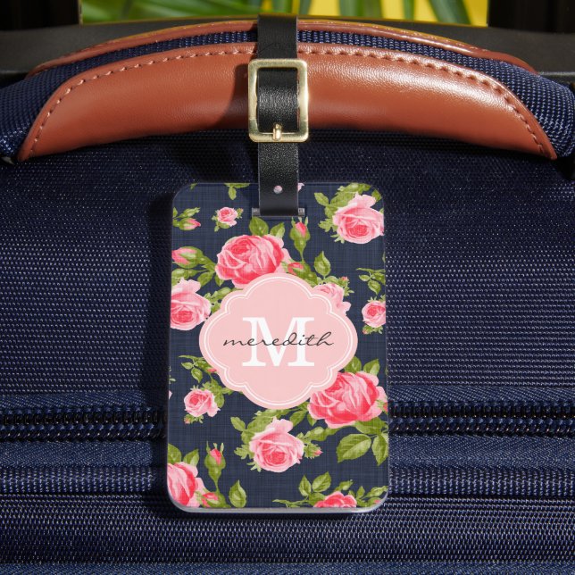 Girly Vintage Roses Floral Monogram Luggage Tag (Front Insitu 2)