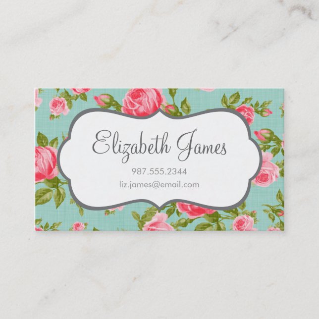 Girly Vintage Roses Floral Print Business Card (Front)