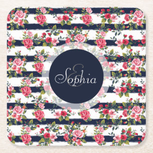 Girly vintage roses floral watercolor stripes square paper coaster