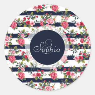 Girly vintage roses floral watercolour stripes classic round sticker