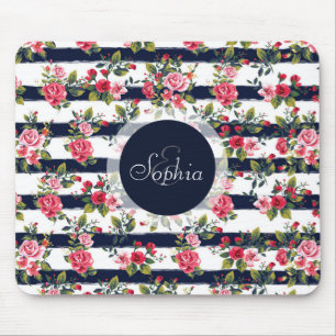 Girly vintage roses floral watercolour stripes mouse mat