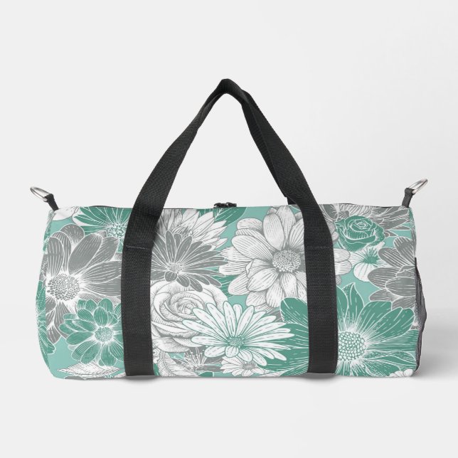 Girly Vintage Sage Green Floral Duffel Bag (Front)