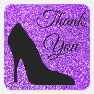 Girly Violet Glitter Black High Heel Thank You Square Sticker