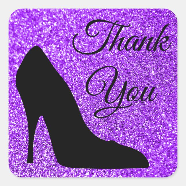 Girly Violet Glitter Black High Heel Thank You Square Sticker (Front)