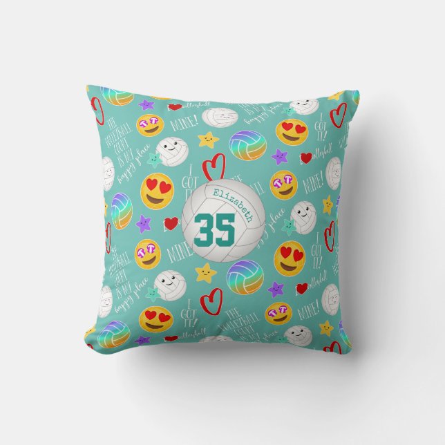 girly volleyball happy kawaii emoji teal cushion (Front)