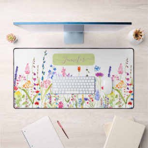 Girly Watercolor Colourful Wildflowers Personalise Desk Mat