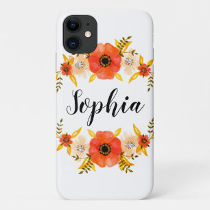 Girly Watercolor Coral Floral Wreath Custom Text iPhone 11 Case