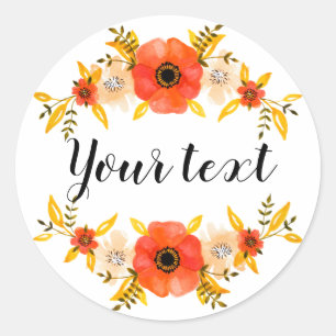 Girly Watercolor Coral Floral Wreath Custom Text Classic Round Sticker