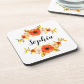 Girly Watercolor Coral Floral Wreath Custom Text Coaster (Left Side)