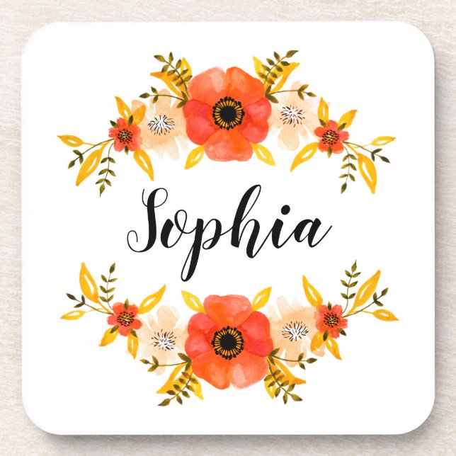 Girly Watercolor Coral Floral Wreath Custom Text Coaster (Front)