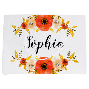 Girly Watercolor Coral Floral Wreath Custom Text Large Gift Bag