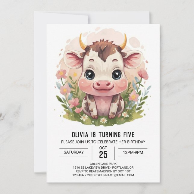 Girly Watercolor Cute Cow Birthday Invitation (Front)