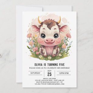 Girly Watercolor Cute Cow Birthday Invitation