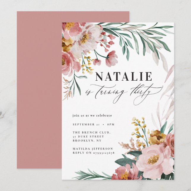 Girly watercolor floral 30th birthday pink blue (Front/Back)