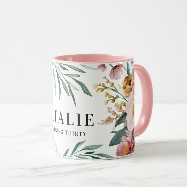 Girly watercolor floral 30th birthday pink chic mug (Front Right)