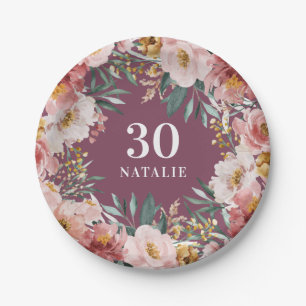 Girly watercolor floral birthday pink chic paper plate