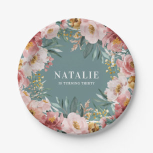 Girly watercolor floral birthday pink chic paper plate