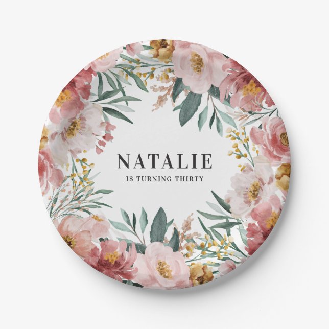 Girly watercolor floral birthday pink chic paper plate (Front)