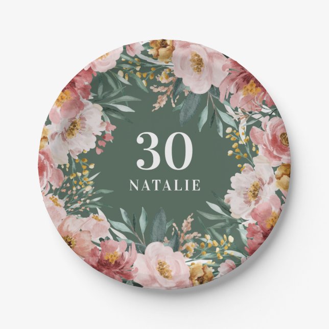Girly watercolor floral birthday pink chic paper plate (Front)