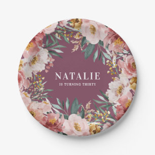Girly watercolor floral birthday pink chic paper plate