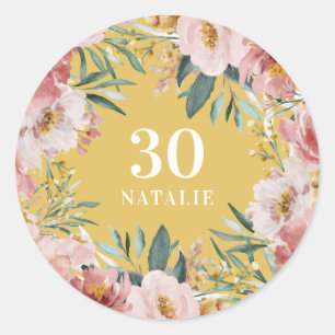 Girly watercolor floral birthday yellow classic round sticker