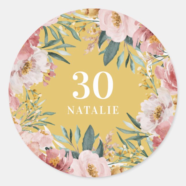 Girly watercolor floral birthday yellow classic round sticker (Front)