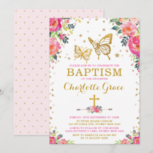 Girly Watercolor Floral Butterfly Baptism Invitation